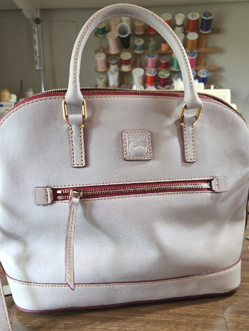 Dooney & Bourke Cream Leather Satchel with Red Trim - Picture 8 of 13